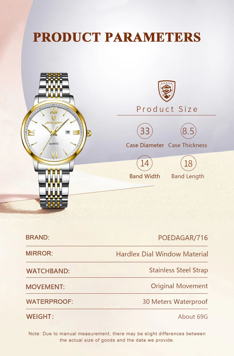 POEDAGAR Luxury Waterproof Stainless Steel Watch