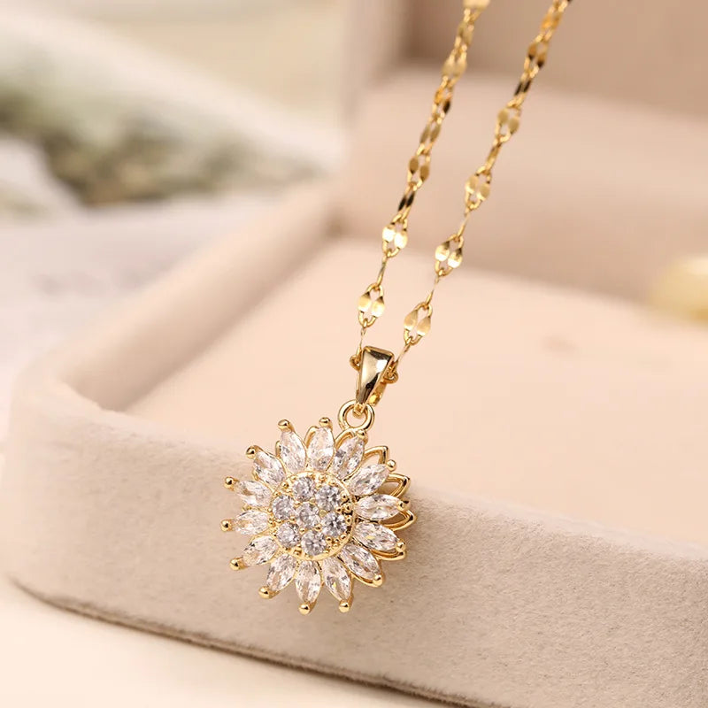 Double-layer stainless steel sunflower swivel necklaces