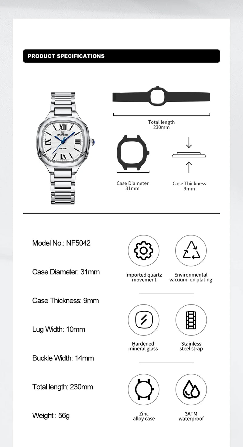NAVIFORCE quartz watch with waterproof stainless steel strap
